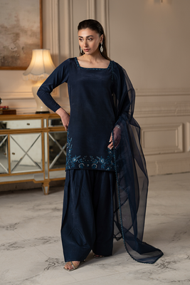 Navy Bloom | Embroidered Raw Silk