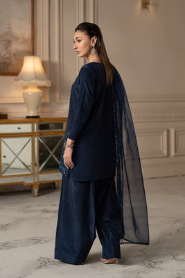Navy Bloom | Embroidered Raw Silk