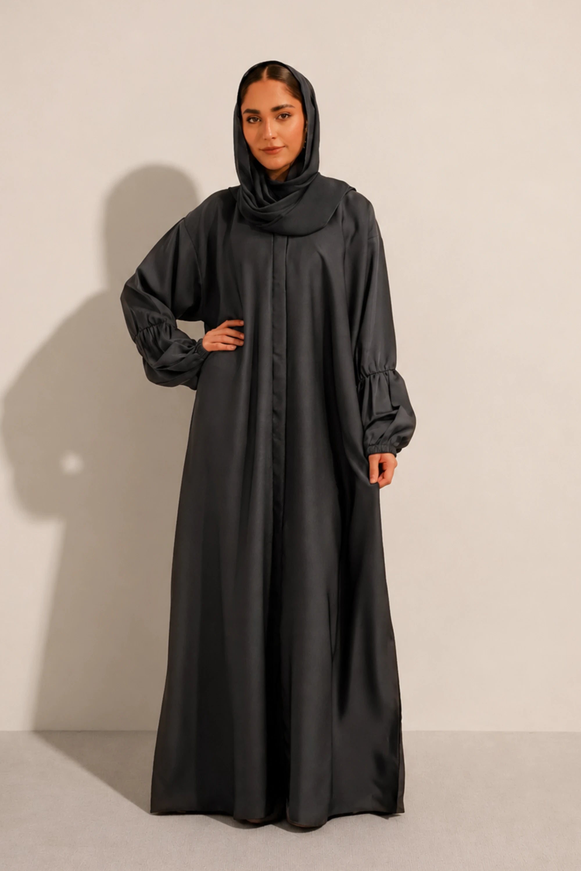 Basic Gathered Sleeves Abaya Set | Grey