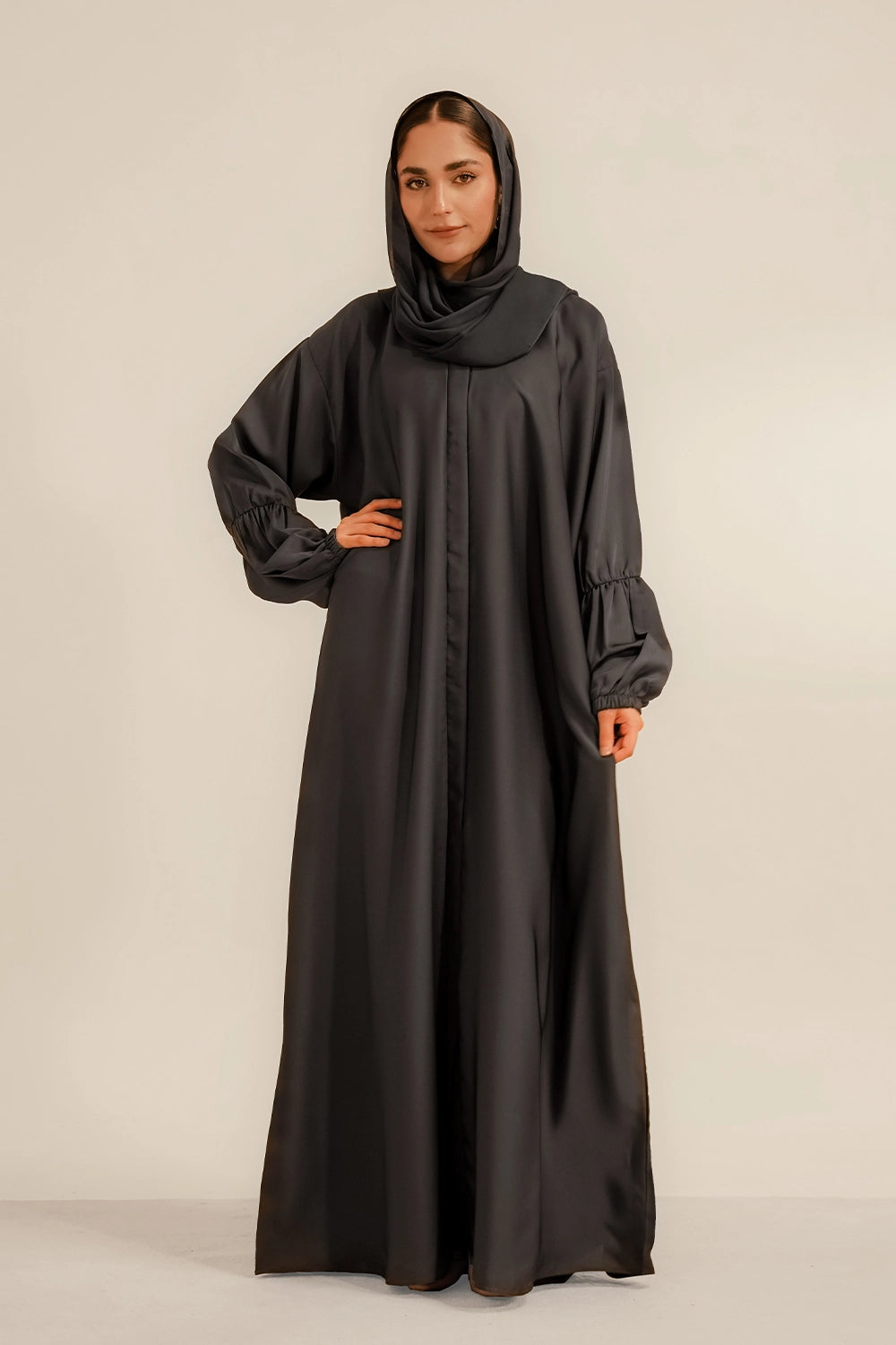 Basic Gathered Sleeves Abaya Set | Grey