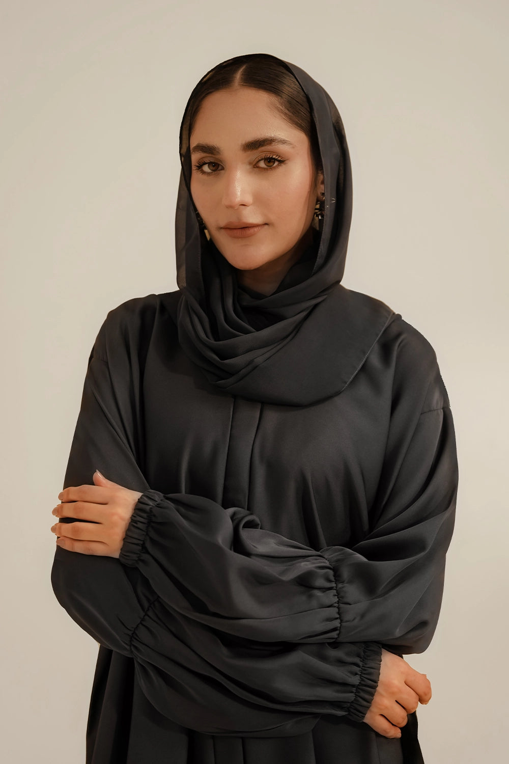 Basic Gathered Sleeves Abaya Set | Grey