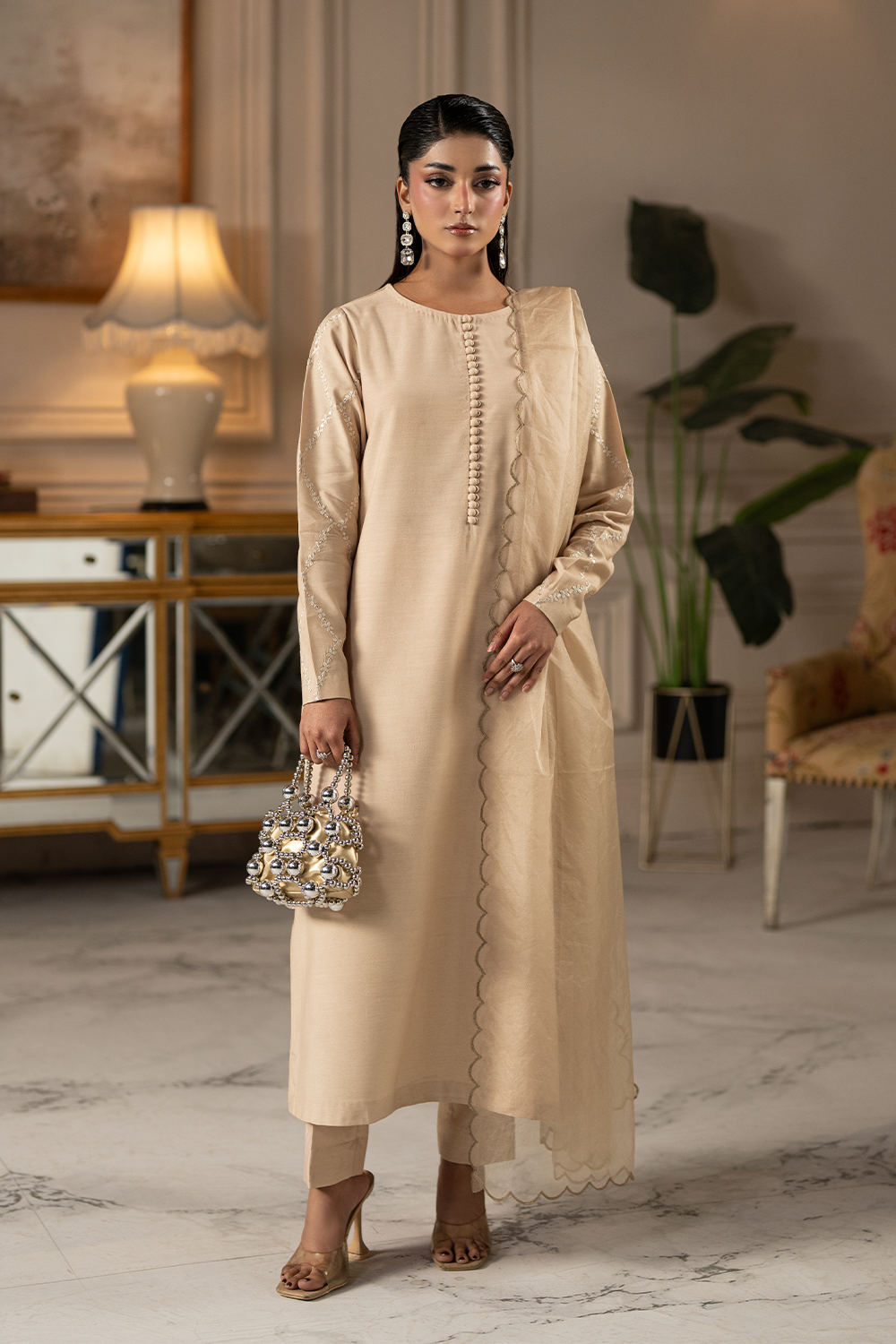 Ivory Veil | Embroidered Raw Silk