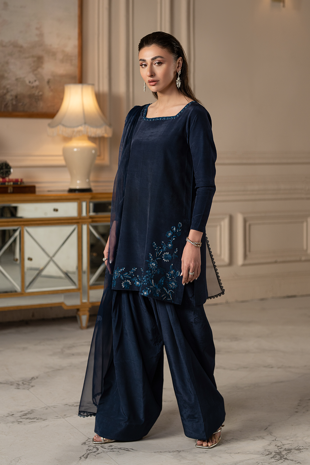 Navy Bloom | Embroidered Raw Silk