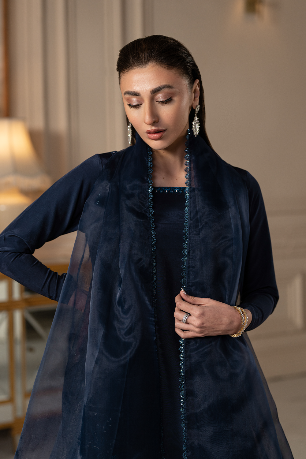 Navy Bloom | Embroidered Raw Silk