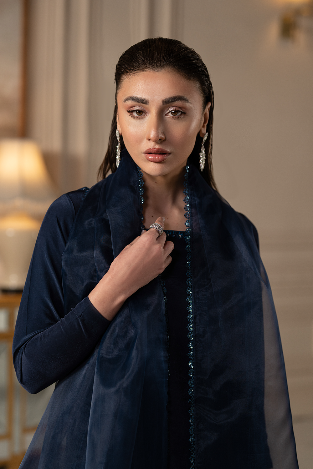 Navy Bloom | Embroidered Raw Silk