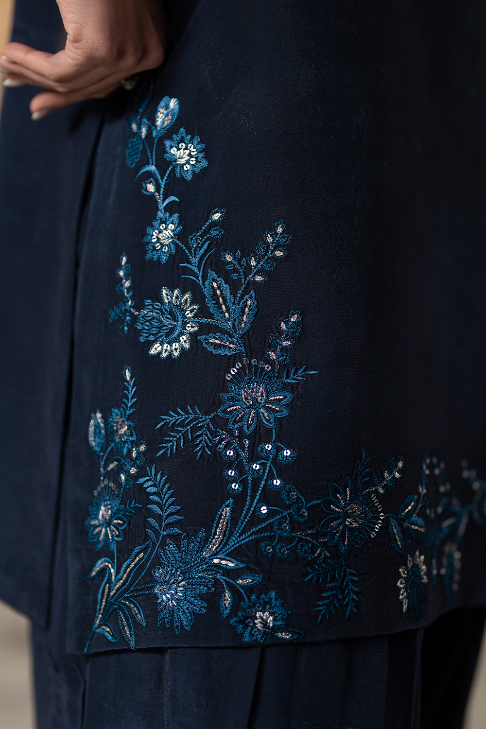 Navy Bloom | Embroidered Raw Silk