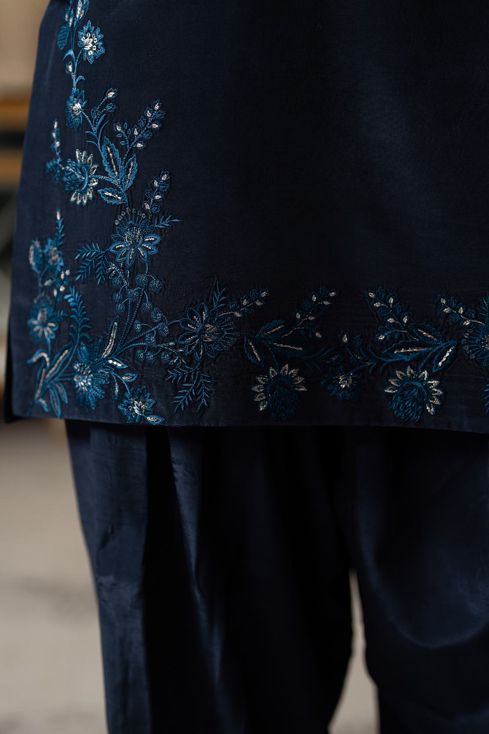 Navy Bloom | Embroidered Raw Silk