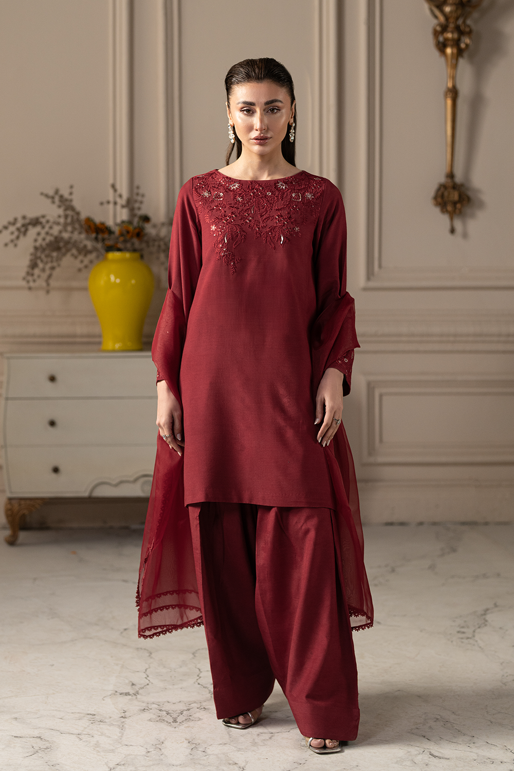 Silk Crimson | Embroidered Raw Silk