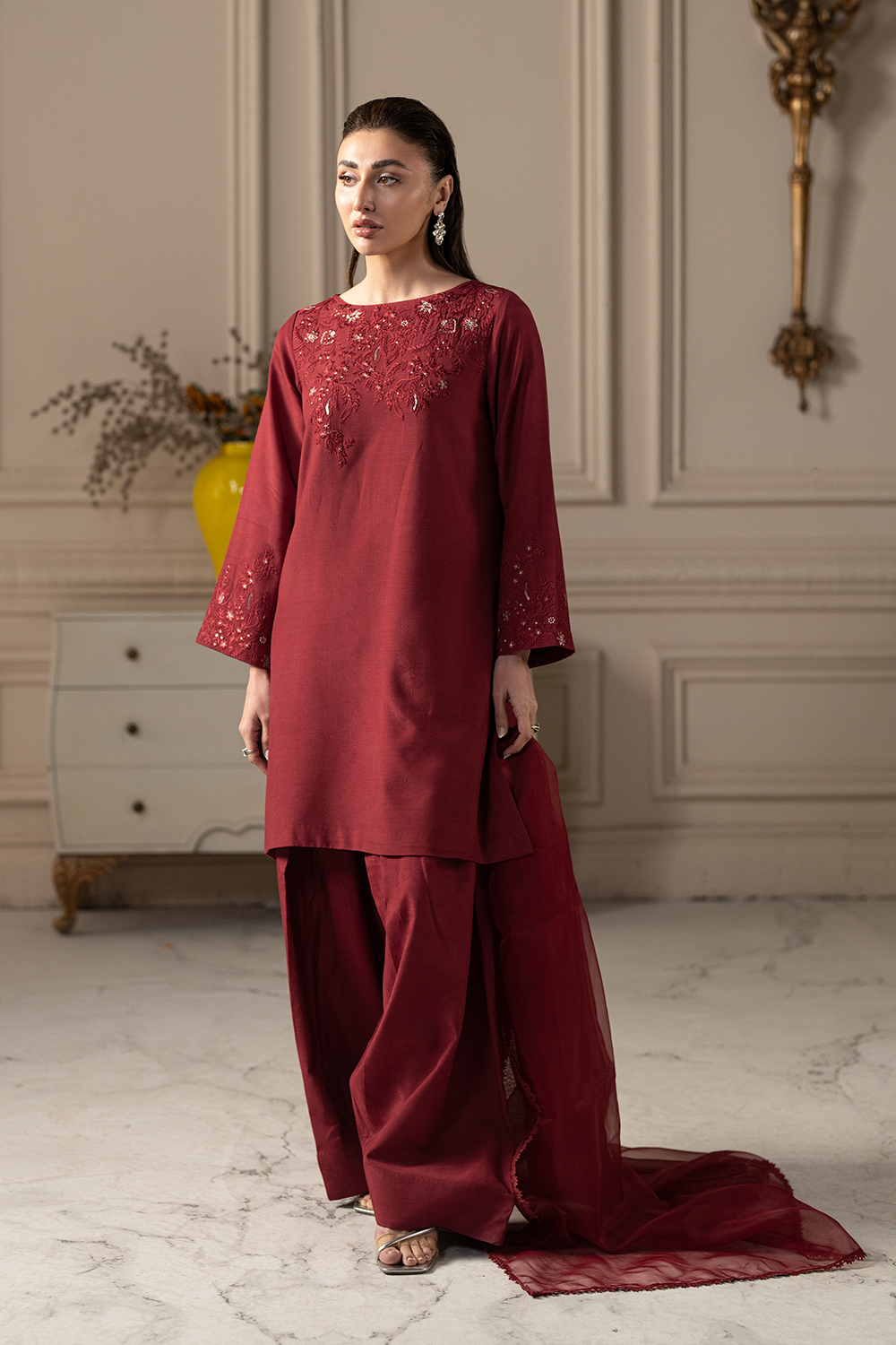 Silk Crimson | Embroidered Raw Silk