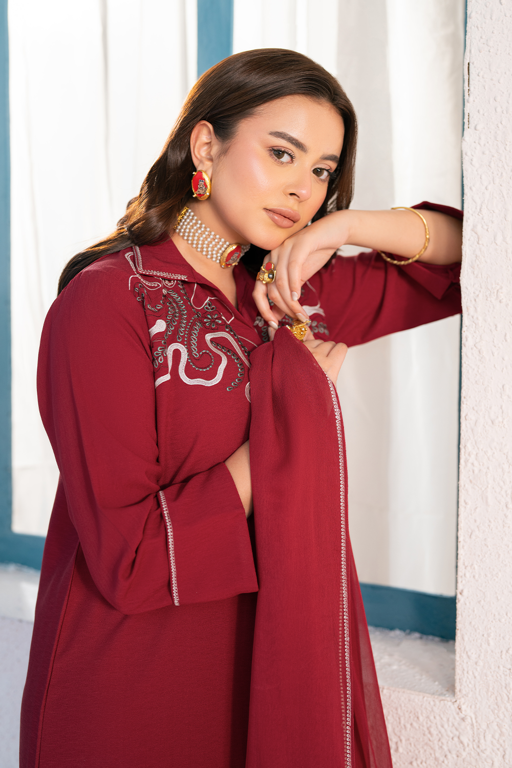 Embroidered 3PC | Deep Red