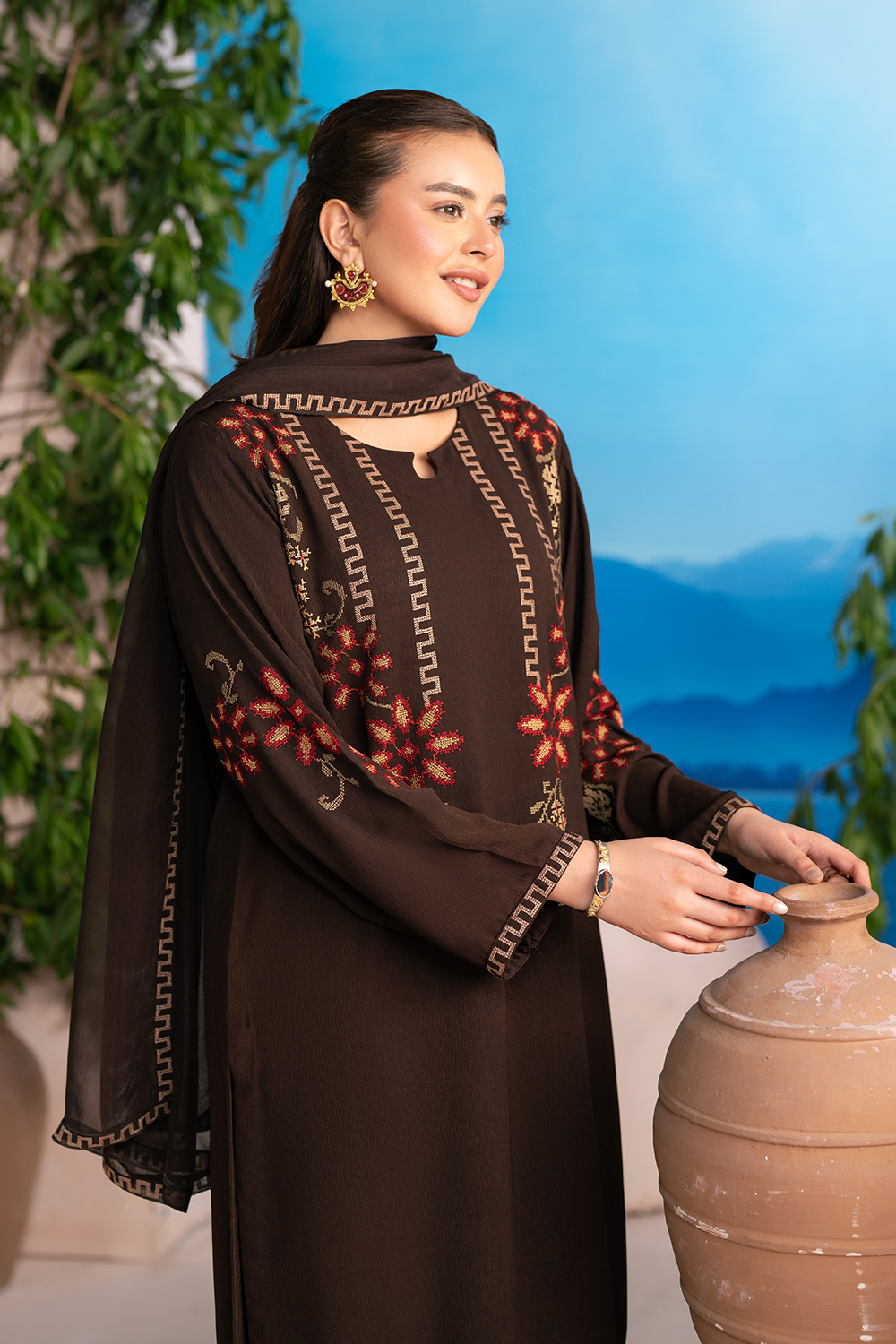 Embroidered 3PC | Coffee Brown
