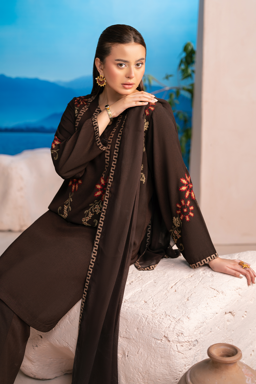 Embroidered 3PC | Coffee Brown