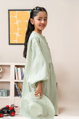 Girls - Check Long Frock | Green