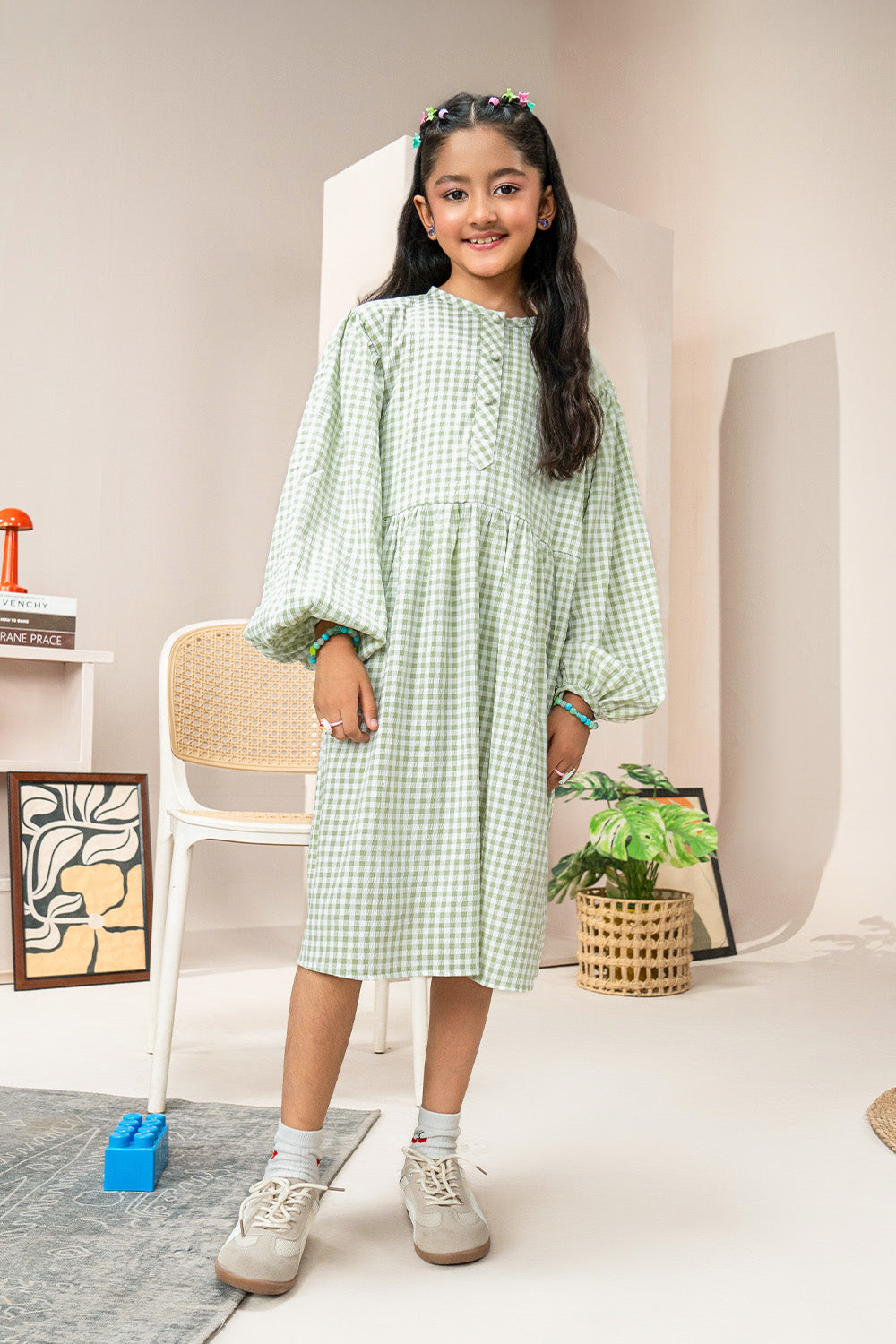 Girls - Check Long Frock | Green