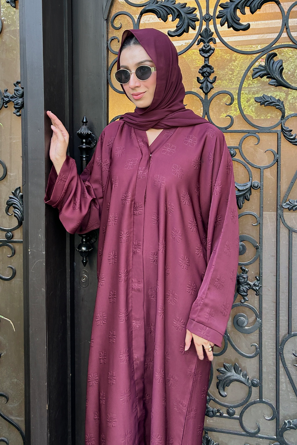 Floral Embossed Abaya Set | Maroon